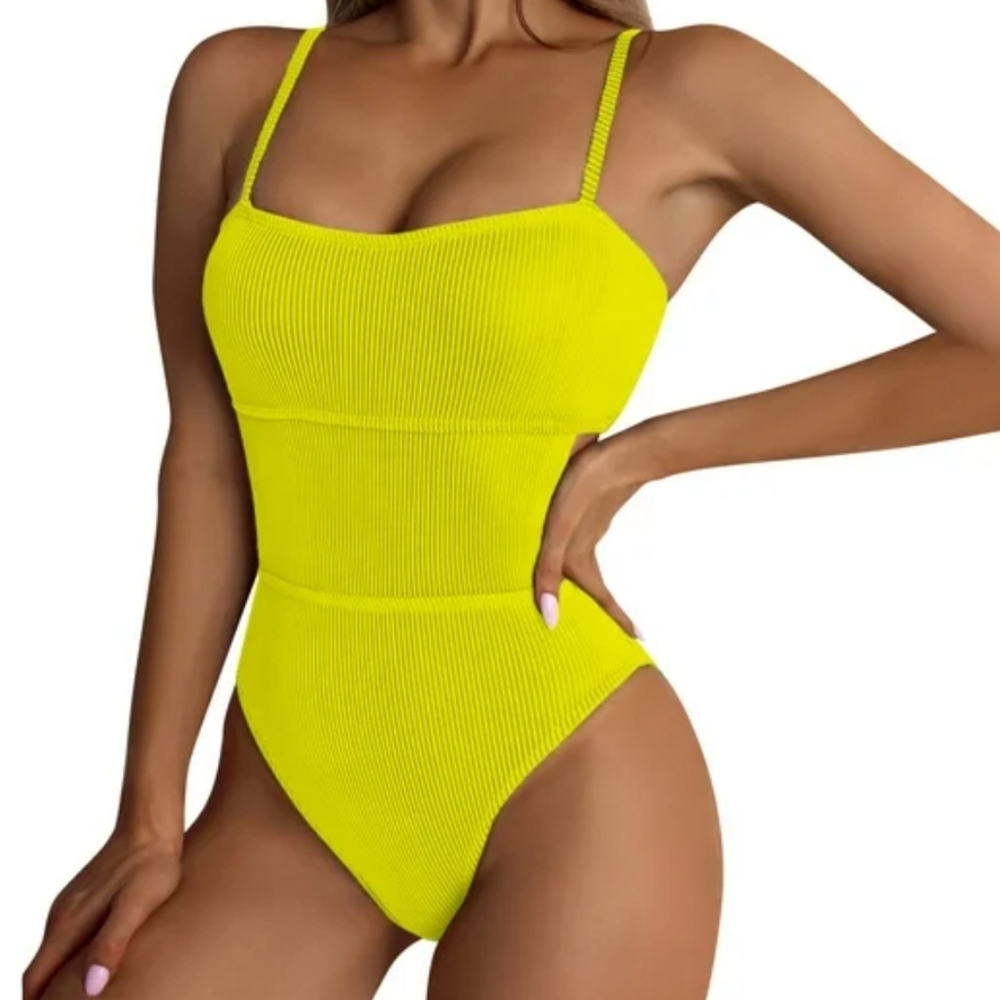 Amazon Neon Yellow Ribbed One Piece Cut Out Side Swimsuit Size XXL